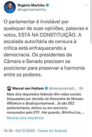 Rogério Marinho cobra manifestação de presidentes da Câmara e do Senado após bloqueio de perfis de parlamentares