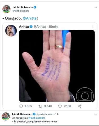 Anitta tenta zoar Bolsonaro por causa de cola e depois apaga post