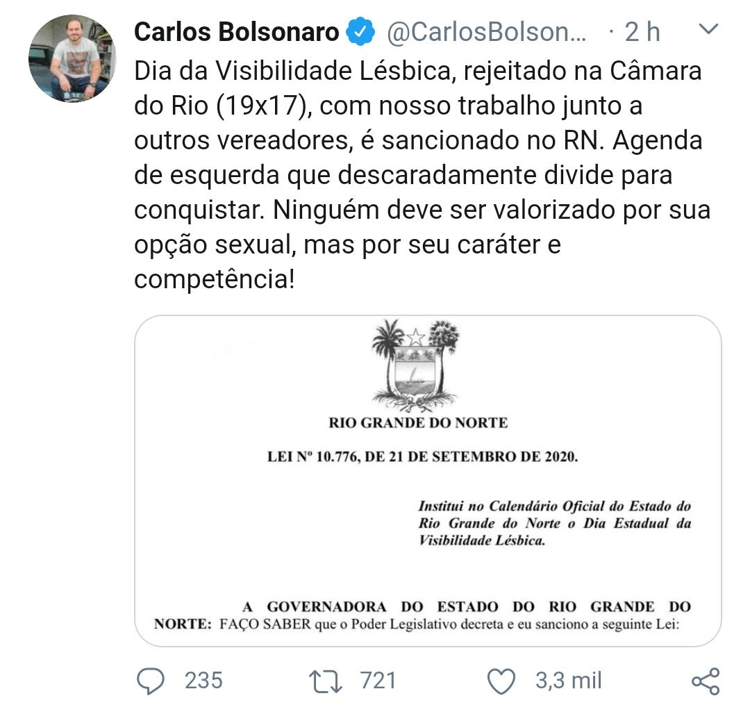 Carlos Bolsonaro critica lei sancionada por Fátima Bezerra