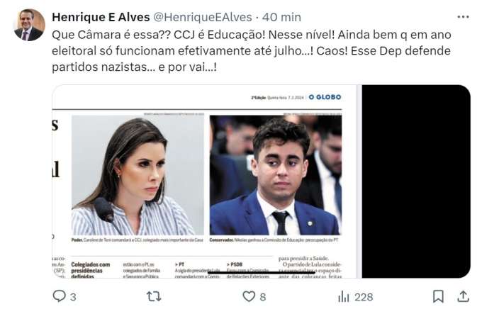 Henrique Alves diz que Nikolas Ferreira defende partidos nazistas
