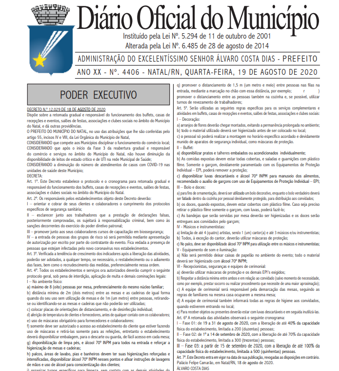 Prefeitura publica regras e cronograma para funcionamento dos buffets, casas de recepções, salões de festas, associações e clubes sociais em Natal