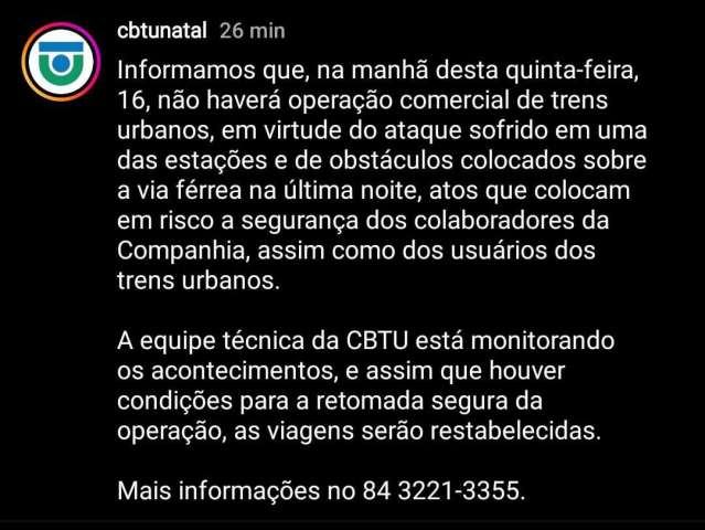 CBTU suspende circulação de trens nesta quinta-feira (16)