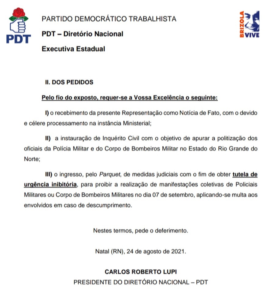 PDT de Carlos Eduardo pede ao MP para não deixar policiais, mesmo de folga, participarem das manifestações do 7 de setembro