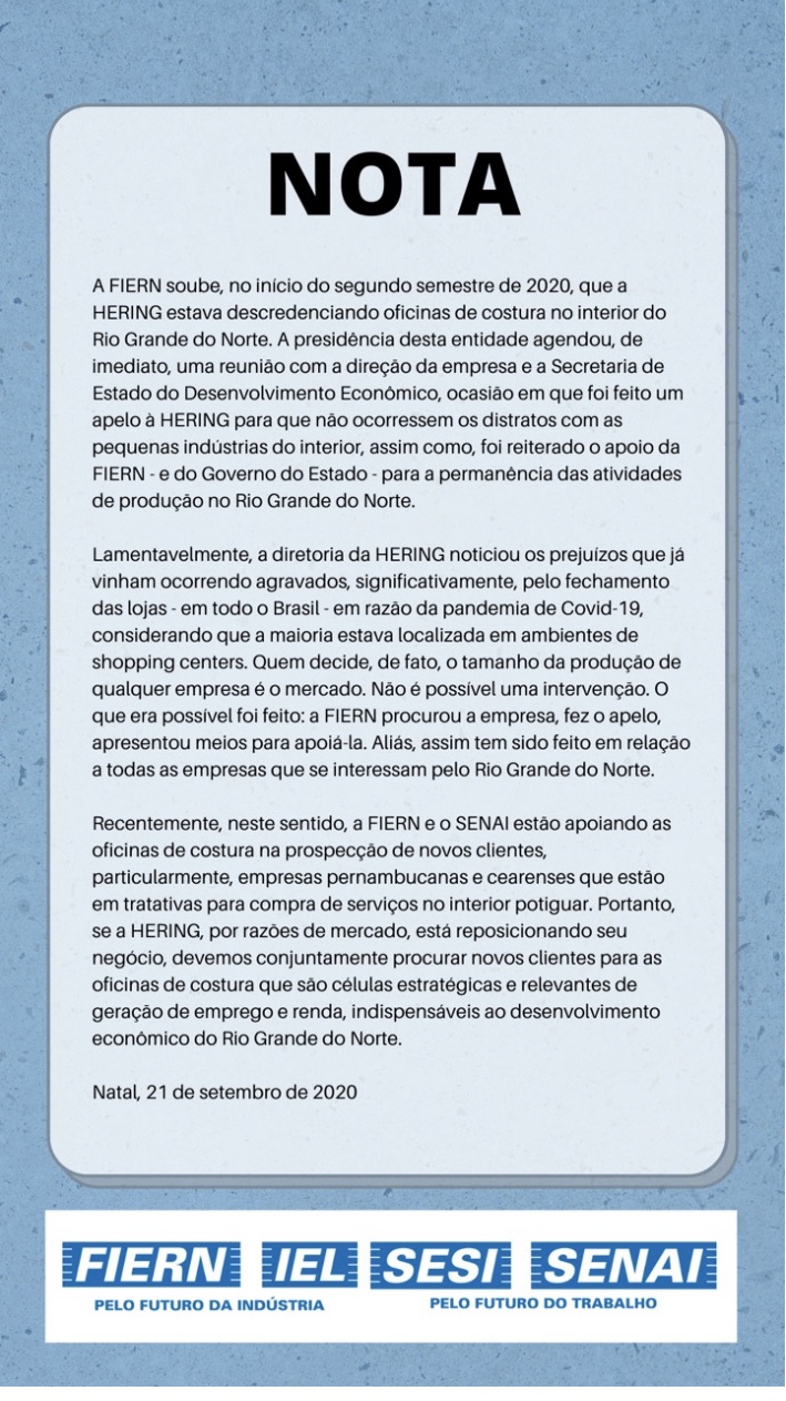 Em nota, FIERN lava as mãos em relação a saída da Hering do RN