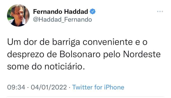 Haddad chama doença de Bolsonaro de “dor de barriga”