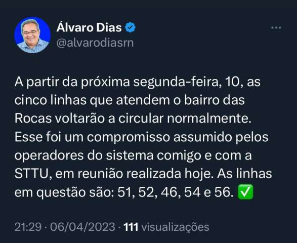 Álvaro Dias confirma retorno das linhas de ônibus nas Rocas