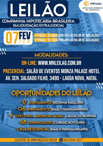 Apartamentos, casas e terrenos vão à leilão no próximo dia 7 de fevereiro