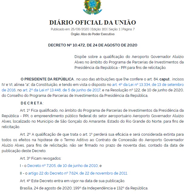 Governo Federal publica decreto que qualifica para relicitação o Aeroporto Aluízio Alves
