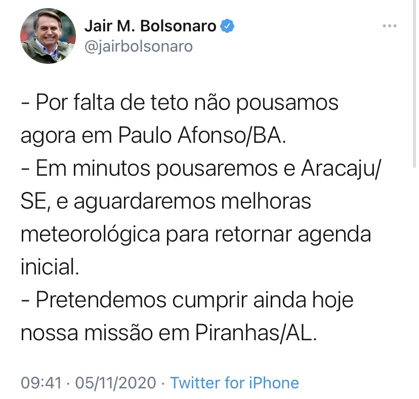 Avião com Jair Bolsonaro não consegue pousar em Paulo Afonso