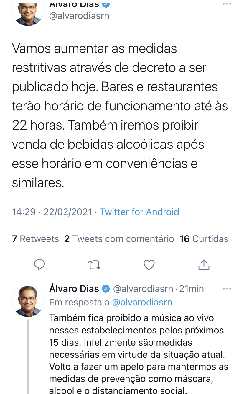 Álvaro Dias manda fechar bares e restaurantes depois das 22h e proíbe música ao vivo