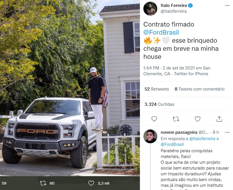 Ítalo Ferreira assina com a Ford e posta foto com carrão