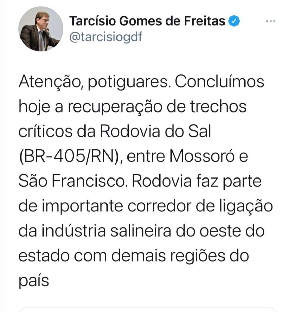 Ministro informa conclusão de obra em trecho de rodovia importante para indústria salineira do RN