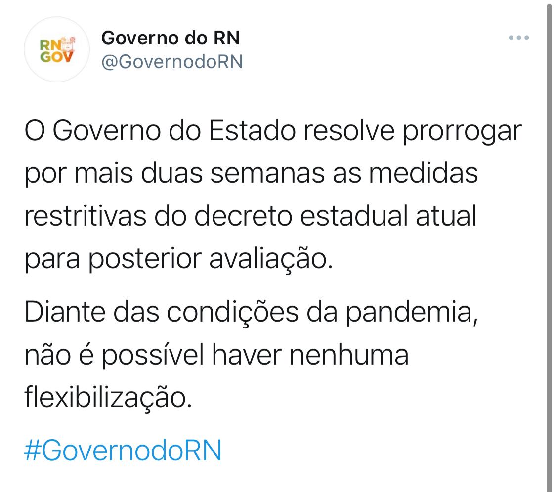 Governo prorroga por mais 15 dias decreto com medidas restritivas