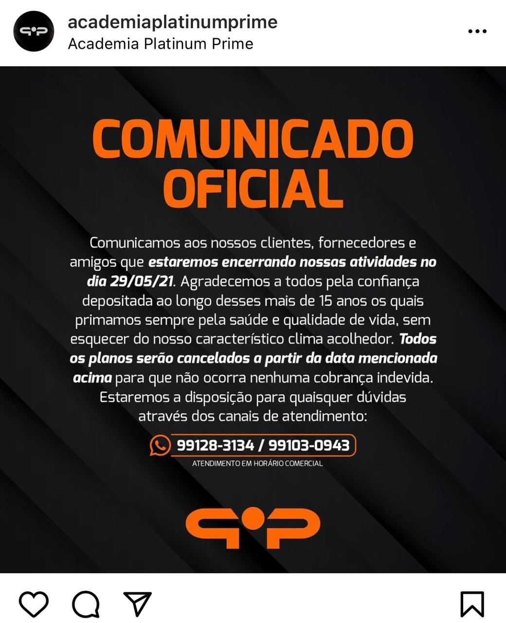 Academia Platinum Prime anuncia fechamento
