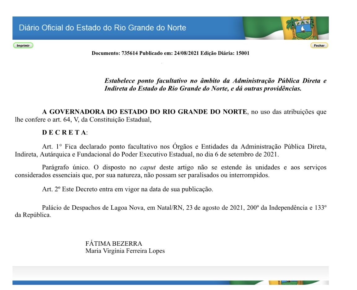 Ponto Facultativo: Dia 6 de setembro sem expediente no estado