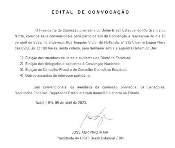 Agripino convoca filiados para eleição do União Brasil