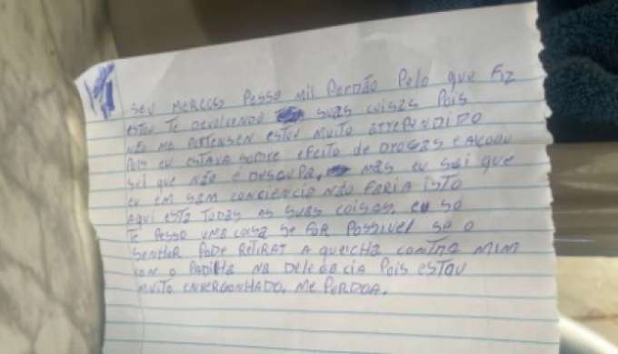 Ladrão manda carta pedindo perdão após furto: 