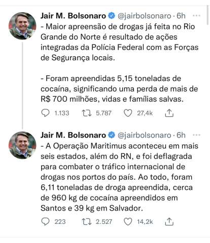 Bolsonaro fala das 5 toneladas de drogas apreendidas no RN