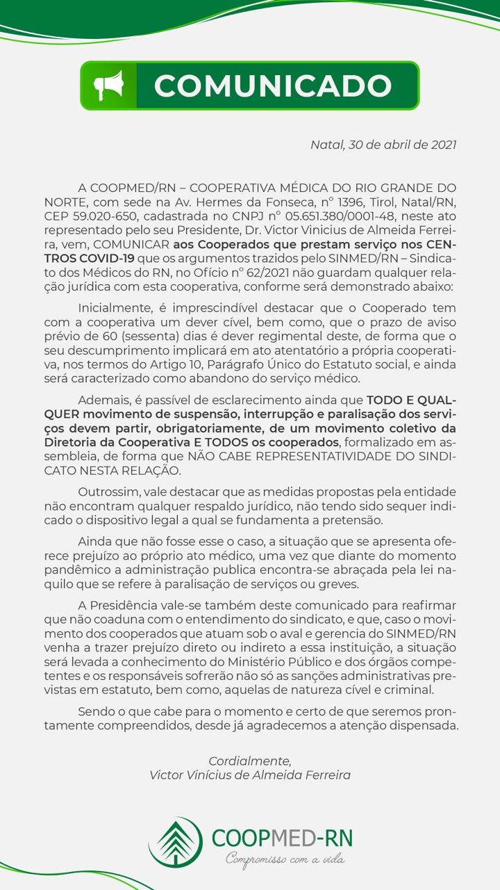 Absurdo: Sinmed ameaça contrato firmado entre Coopmed e Prefeitura