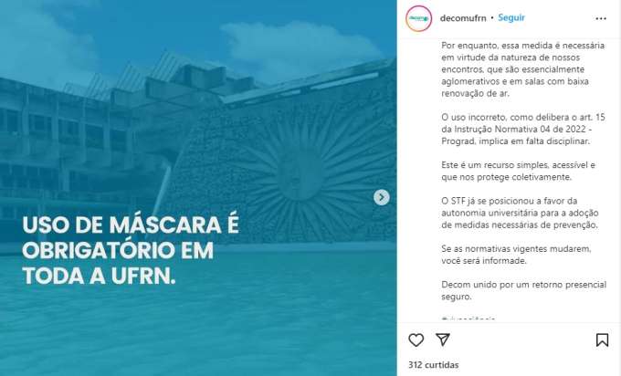 Após 'passar pano' na exigência de calças nos professores, UFRN divulga nota afirmando que as máscaras são obrigatórias para alunos