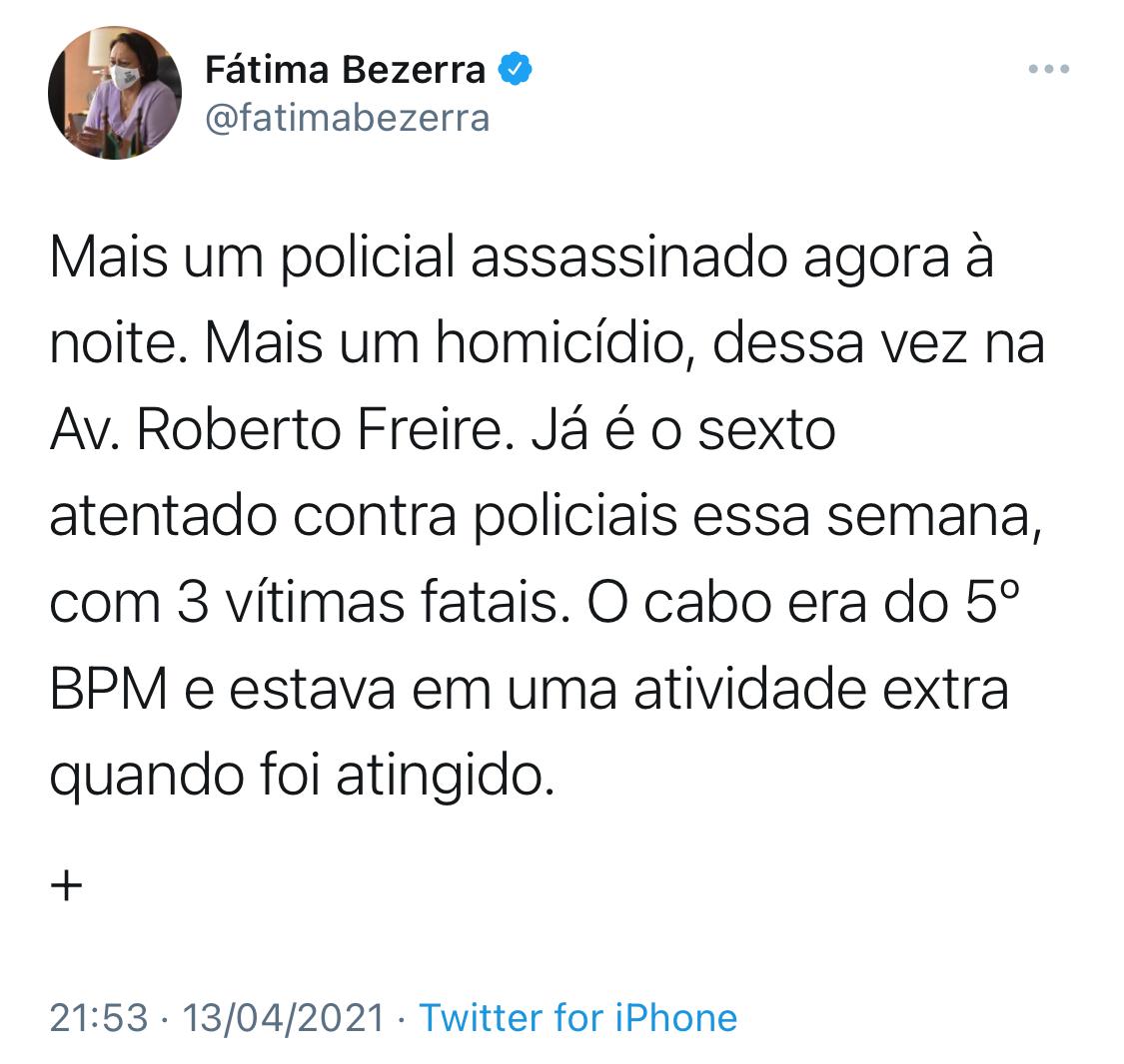 Fátima fala em “atividade extra” na morte de PM