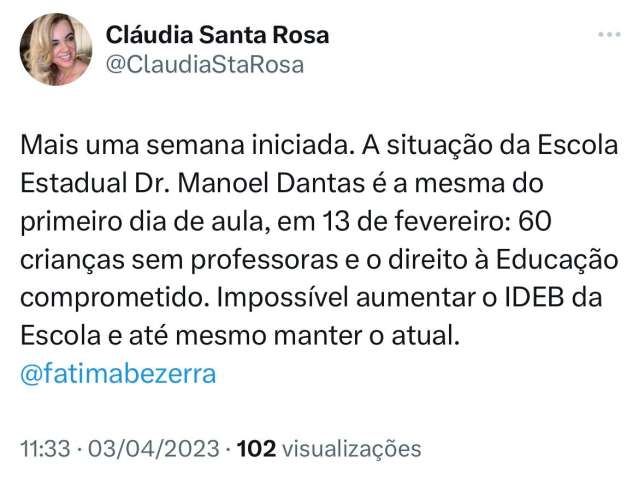 Ex-secretária cobra professores em escola estadual à professora Fátima
