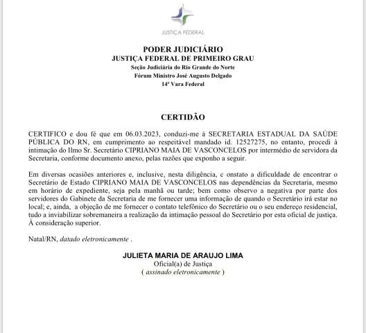 Oficial de Justiça Federal relata a dificuldade de encontrar Cipriano Maia na Secretaria de Saúde