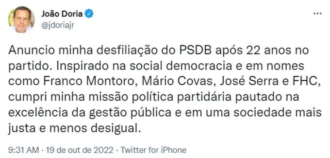 Doria anuncia desfiliação do PSDB