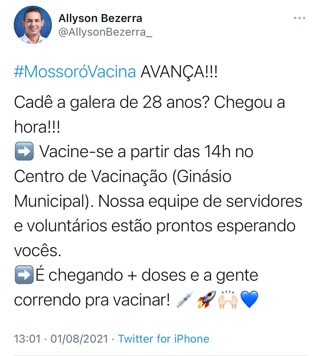 Prefeitura de Mossoró inicia vacinação para pessoas com 28 anos neste domingo (1)