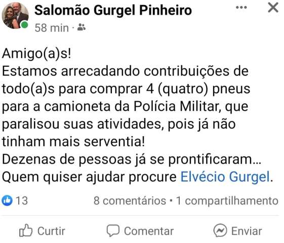 Vergonha: Prefeito do RN faz vaquinha para trocar pneus da viatura da PM 