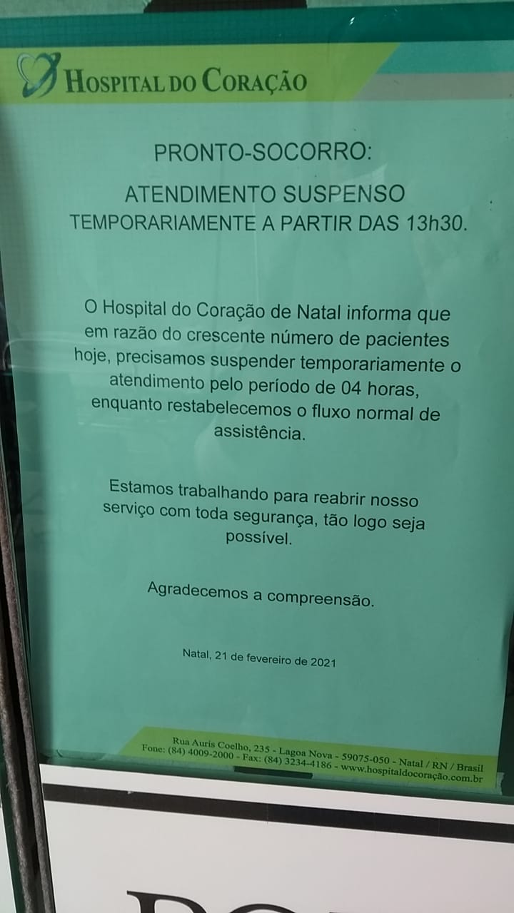 Hospital do Coração suspende atendimento do Pronto Socorro por 4 horas