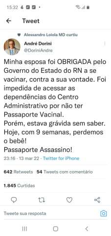 Professor da UFRN denuncia governo por obrigar esposa a se vacinar; mulher sofreu aborto