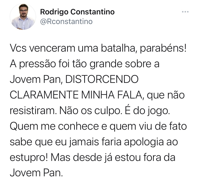 Rodrigo Constantino fora da Jovem Pan, a lacrolândia venceu
