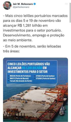 Bolsonaro confirma leilão do Porto-Ilha de Areia Branca para novembro