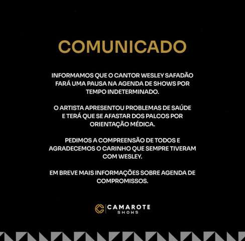 Após show em Natal, Safadão anuncia pausa na agenda de shows 