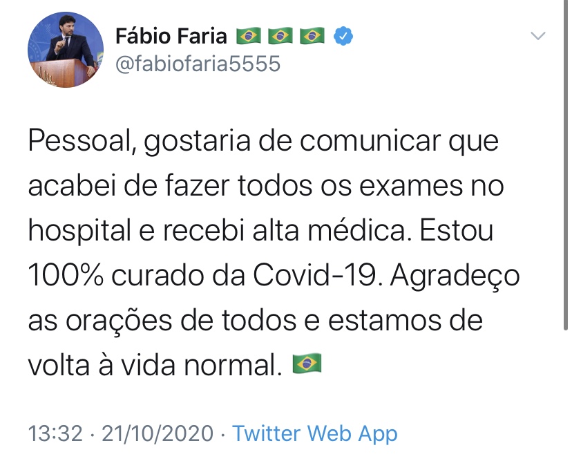 Fábio Faria curado do coronavírus