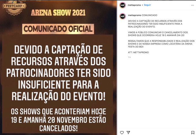 Shows da Festa do Boi são cancelados por 
