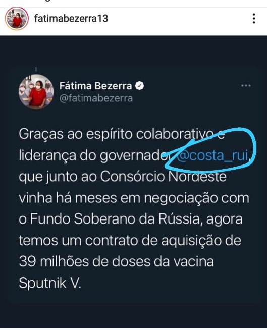 Preocupante: Fátima agradece por vacinas a mesmo governador que comprou respiradores do Consórcio Nordeste