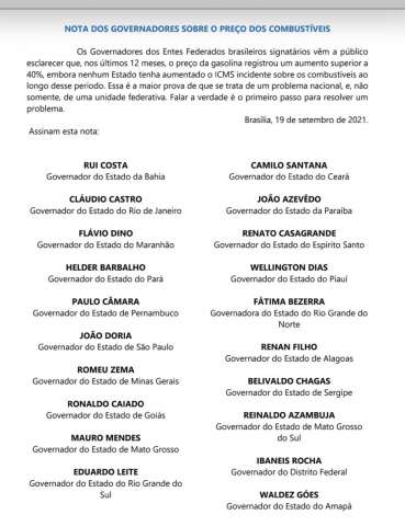 Em carta, governadores dizem que ICMS não causou aumento nos combustíveis