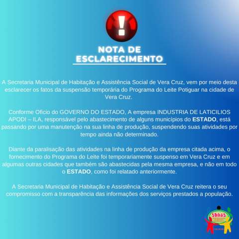 Secretaria de Vera Cruz esclarece suspensão do programa do leite