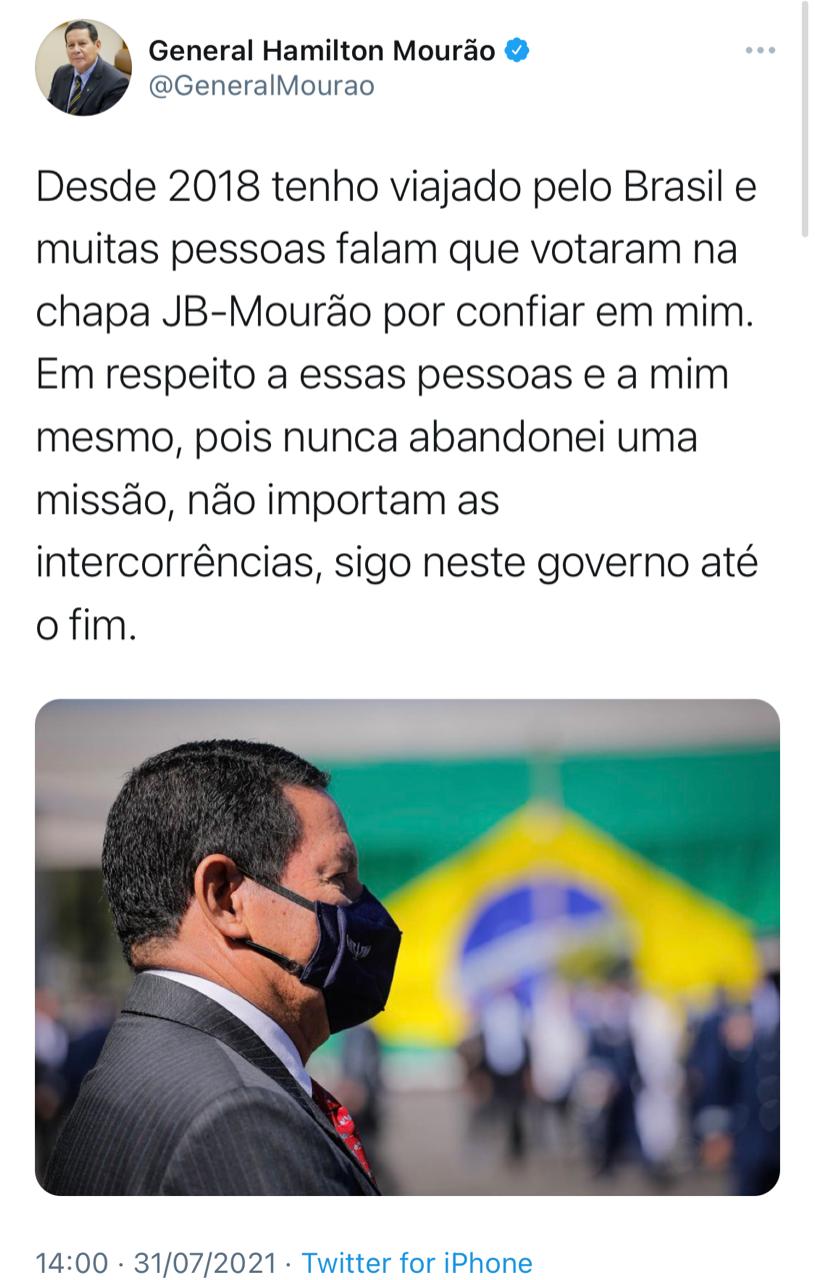 “Sigo neste governo até o fim”, diz Mourão após ruídos de renúncia