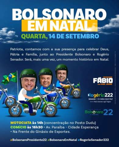 Bolsonaro e Michelle Bolsonaro estarão em Natal para atos de campanha, nesta quarta-feira (14), em Natal