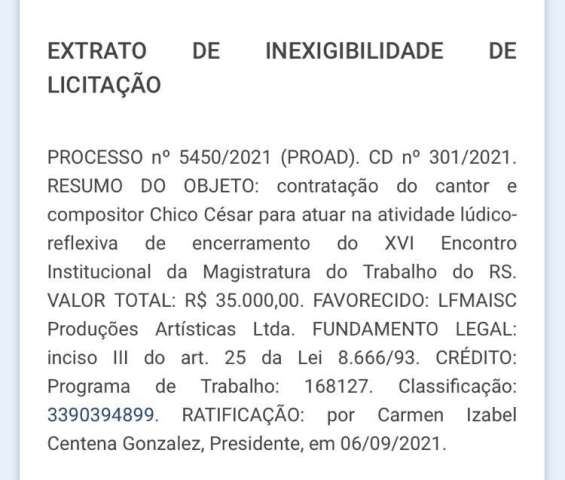 Tribunal contrata Chico César por R$ 35 mil, governo do RN por R$ 90 mil