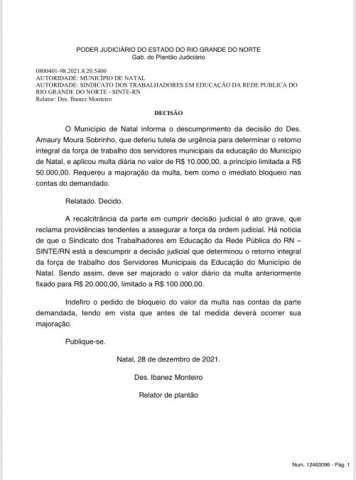 TJRN dobra multa ao Sinte-RN e reconhece descumprimento de decisão 
