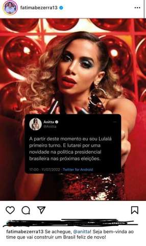 Agora vai: Fátima apoia Anitta por apoiar Lula