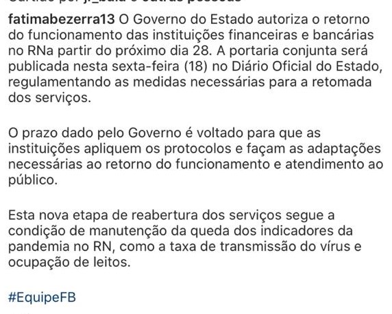 Governo do RN autoriza volta das instituições financeiras e bancárias