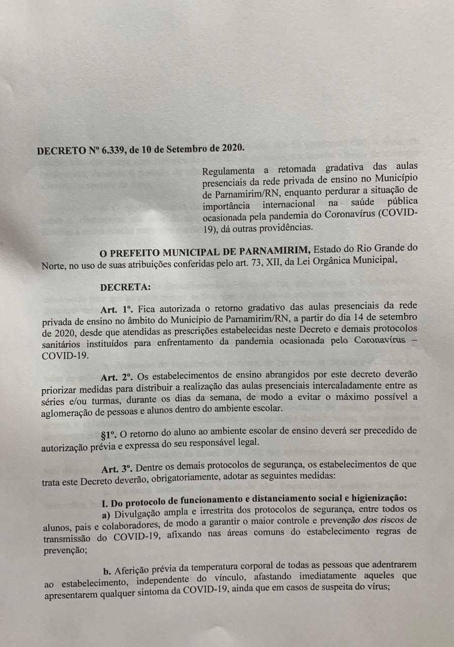 Taveira libera retomada de aulas em Parnamirim