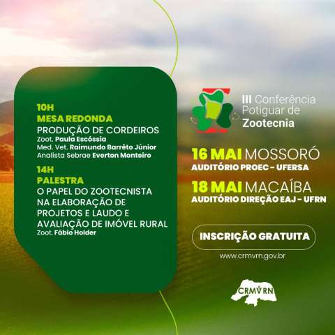 CRMV-RN lança programação gratuita de evento em comemoração ao Dia do Zootecnista