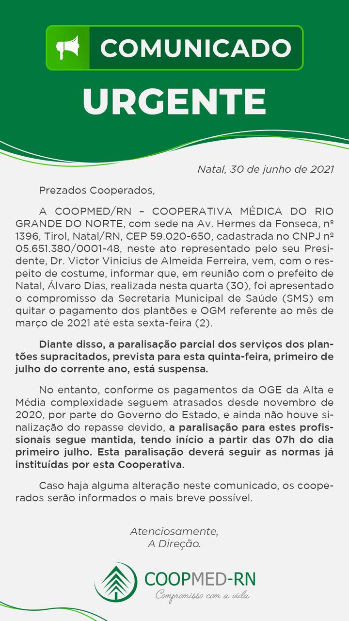 Coopmed suspende paralisação na rede municipal, mas mantém protesto na rede estadual
