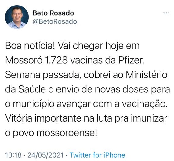 Beto Rosado anuncia chegada da Pfizer em Mossoró